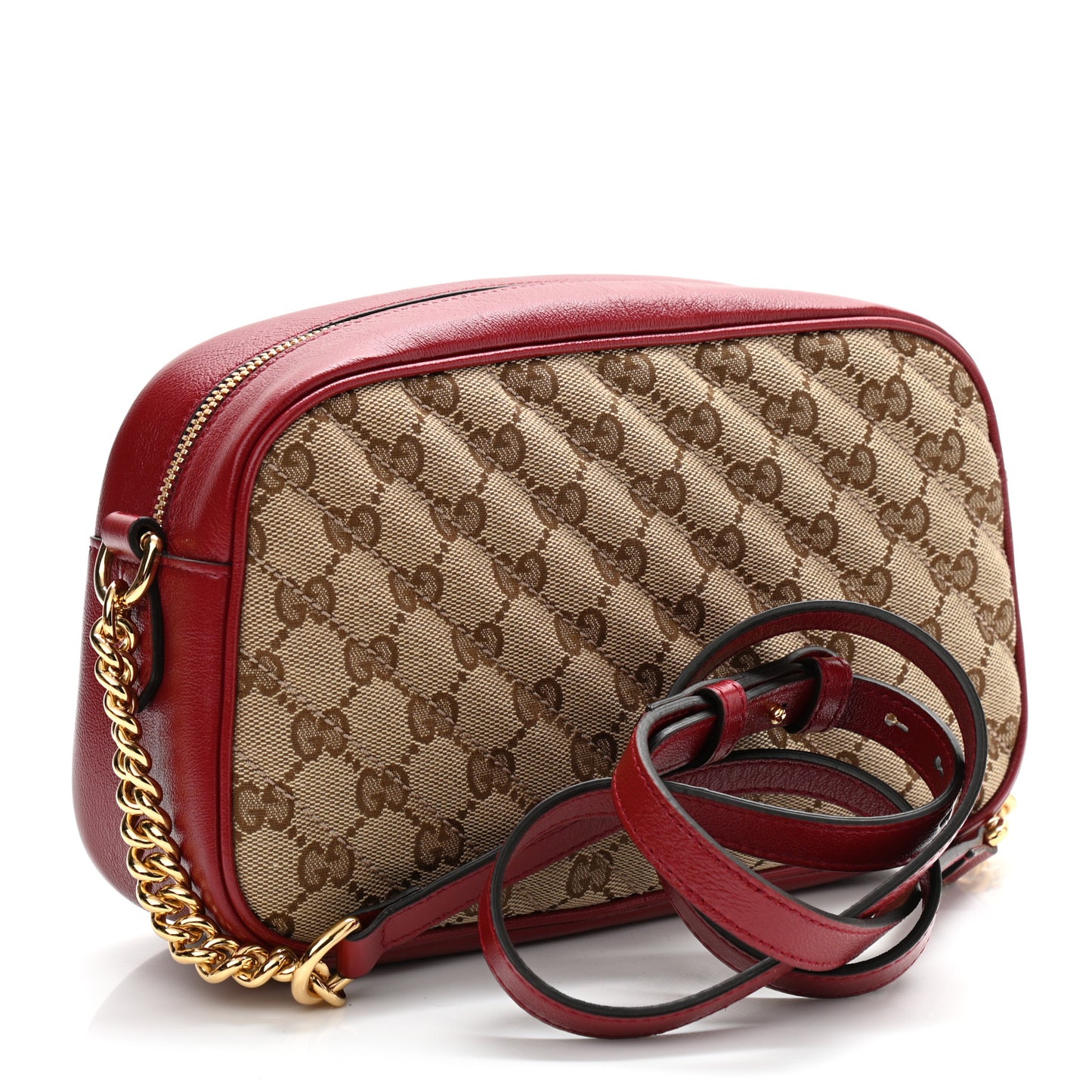 Monogram Azalea Calfskin Matelasse Diagonal Small GG Marmont Chain Shoulder Bag Beige Ebony New Cherry Red