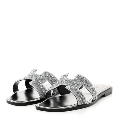 Hermes Velvet Goatskin Crystal Beads Oran Sandals 38.5 Gris Argente 3 of 9