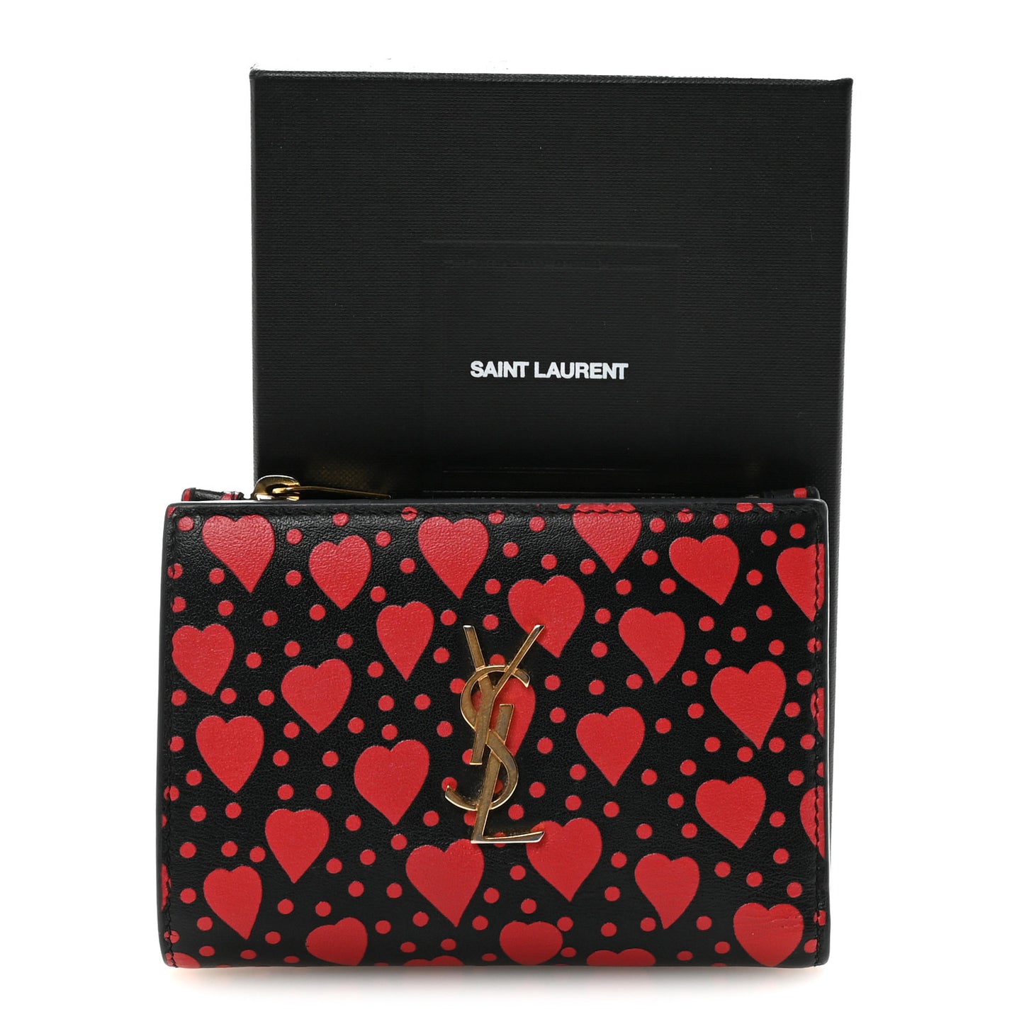 Calfskin Heart Print Monogram Fragments Wallet Black Red