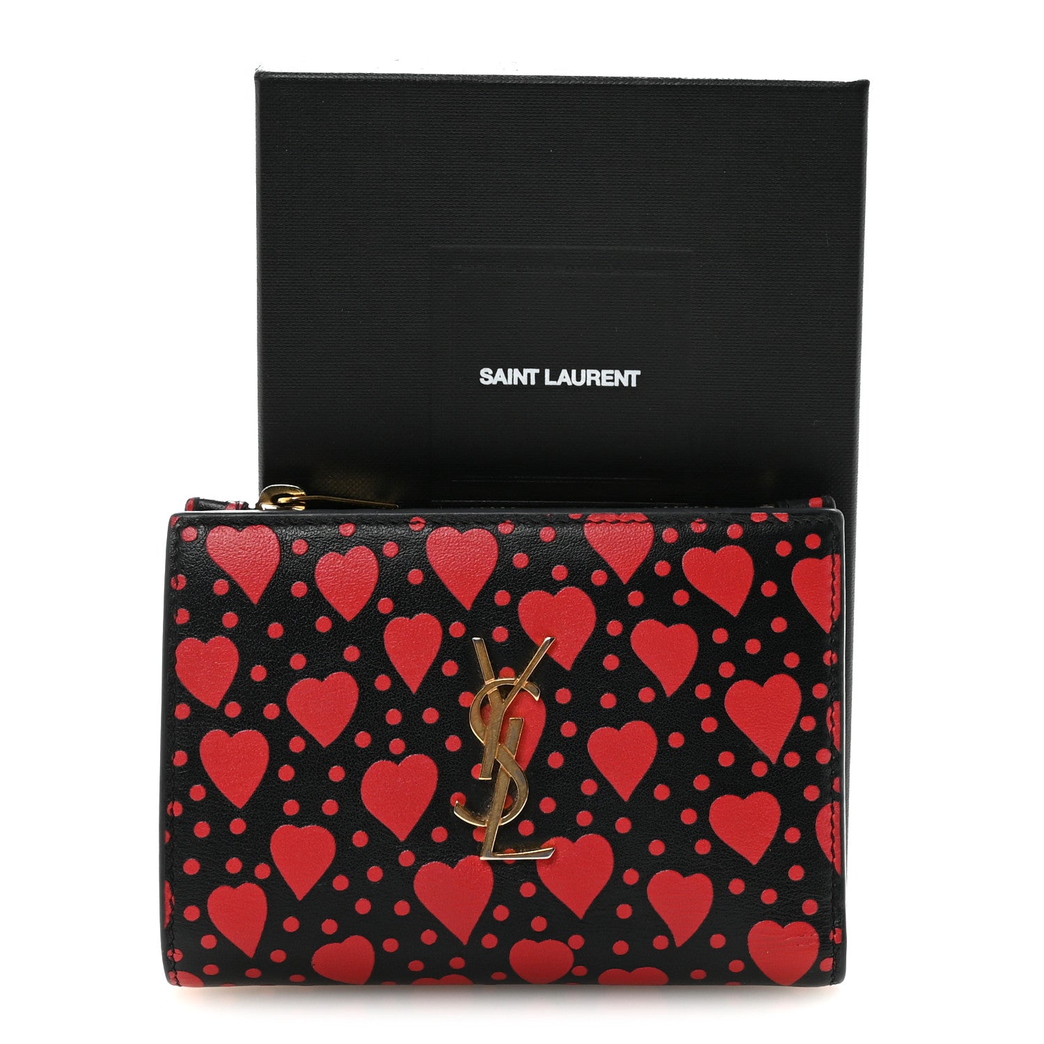 Saint Laurent Calfskin Heart Print Monogram Fragments Wallet Black Red 7 of 7