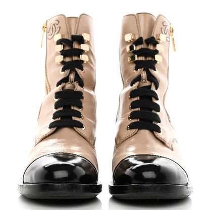 Chanel Patent Calfskin CC Lace Up Short Boots 36.5 Beige Black 2 of 14