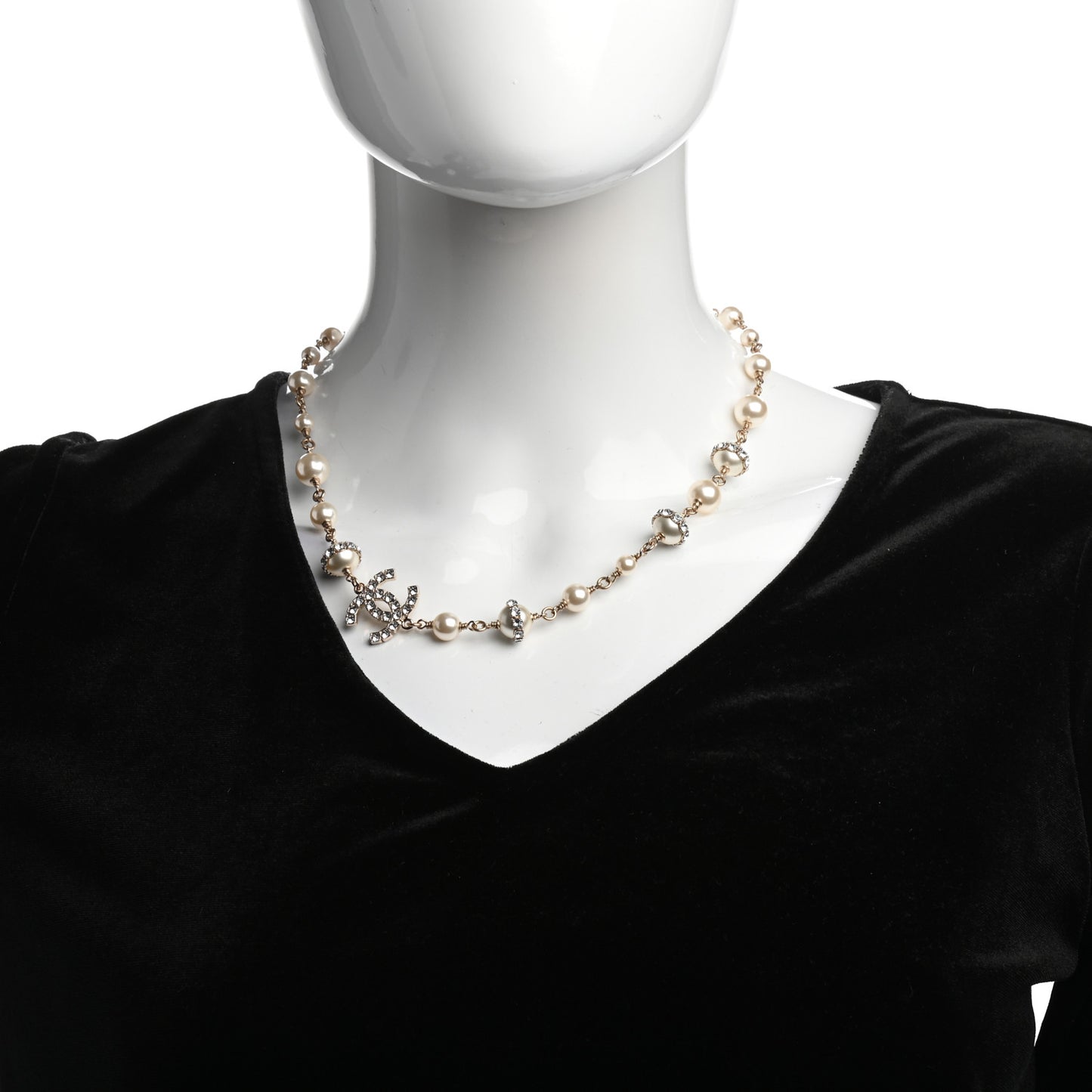 Crystal Pearl CC Long Necklace Gold