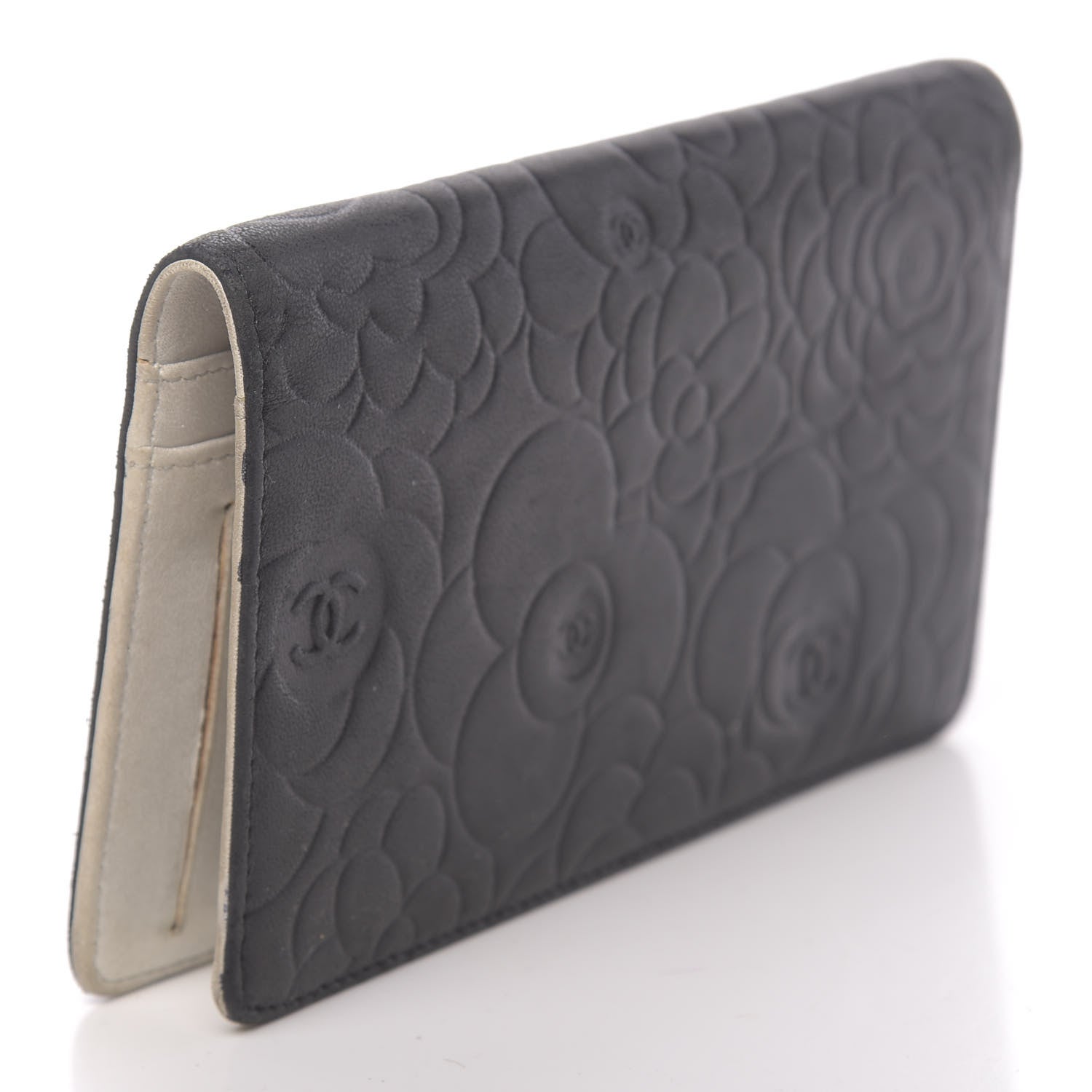 Chanel Lambskin Camellia Embossed Yen Wallet Black 3 of 13