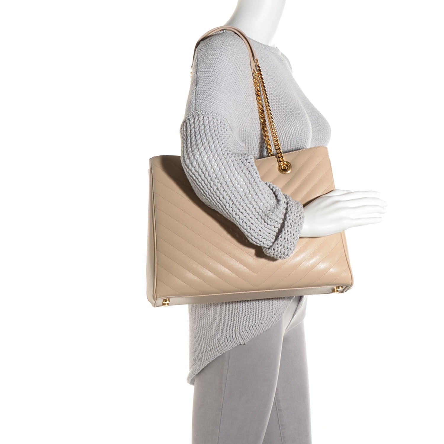 Saint Laurent Grain De Poudre Matelasse Chevron Monogram Shopping Bag Nude 2 of 9