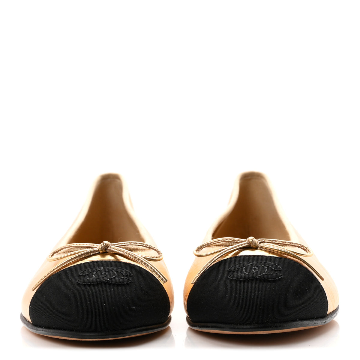 Chanel Metallic Laminated Lambskin Grosgrain CC Cap Toe Ballerina Flats 38 Dark Gold Black 3 of 9