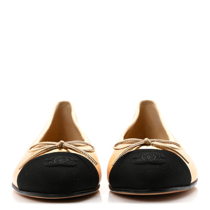 Chanel Metallic Laminated Lambskin Grosgrain CC Cap Toe Ballerina Flats 38 Dark Gold Black 3 of 9