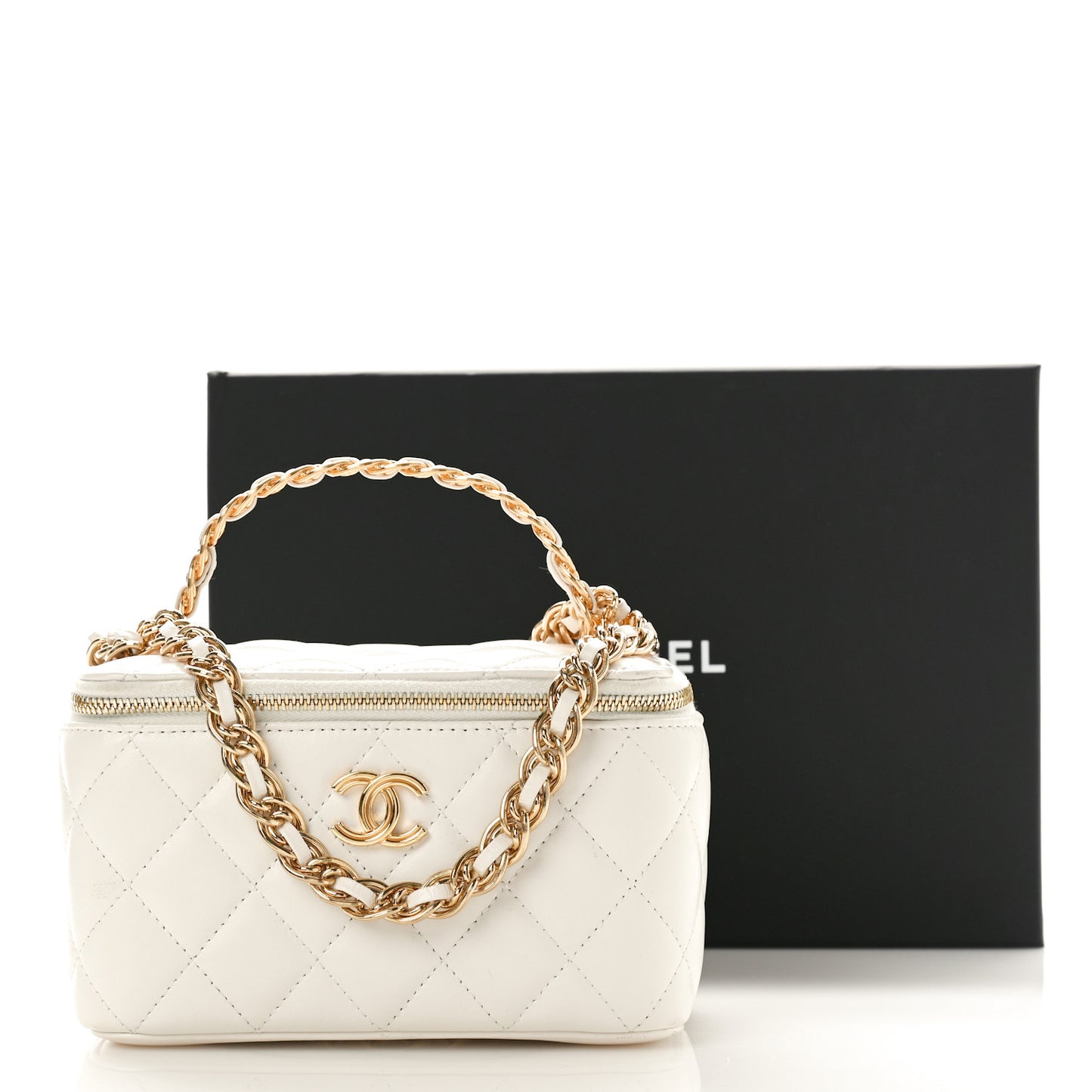 Lambskin Quilted Golden Links Top Handle Vanity Case With Chain White