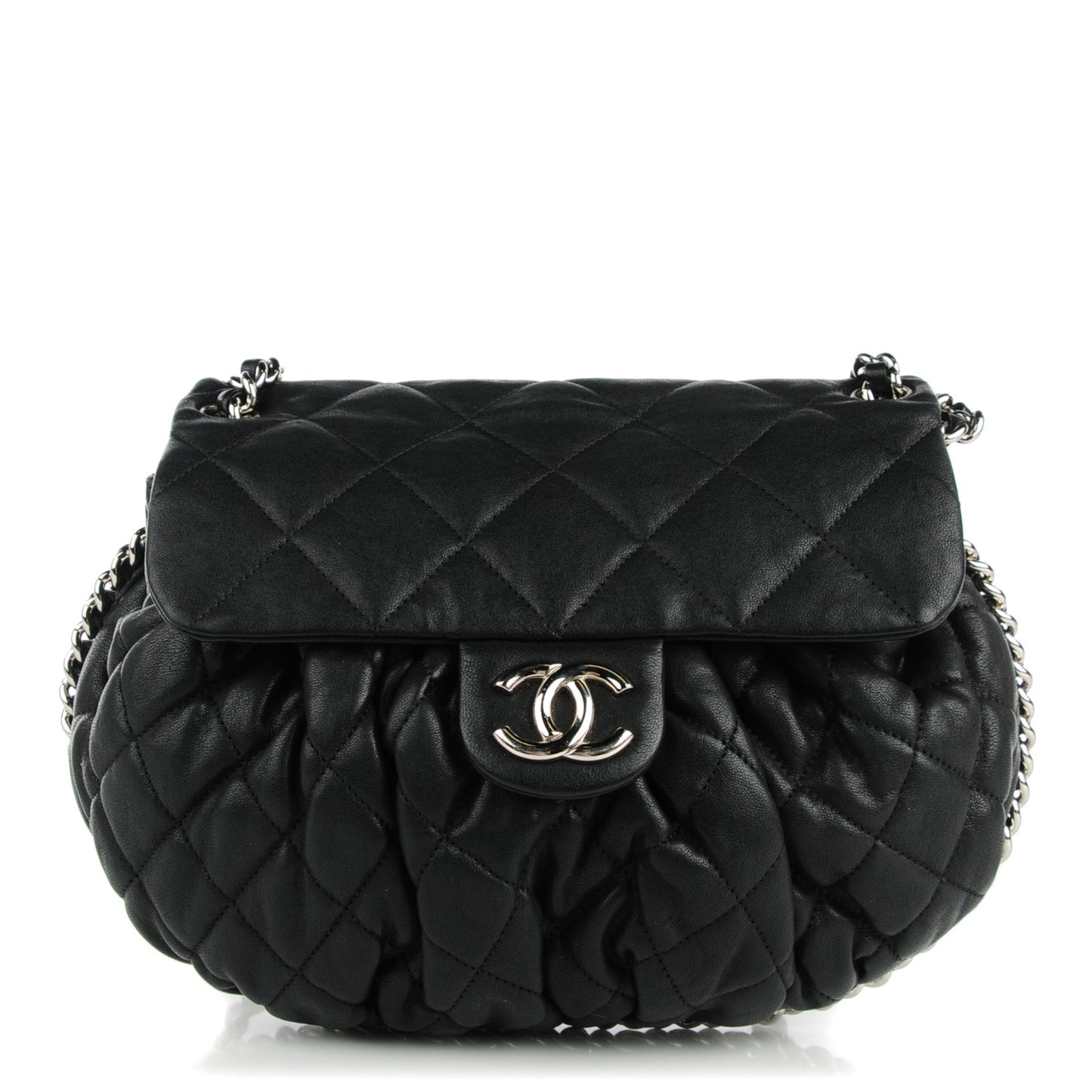 Washed Lambskin Quilted Medium Chain Around Messenger Black