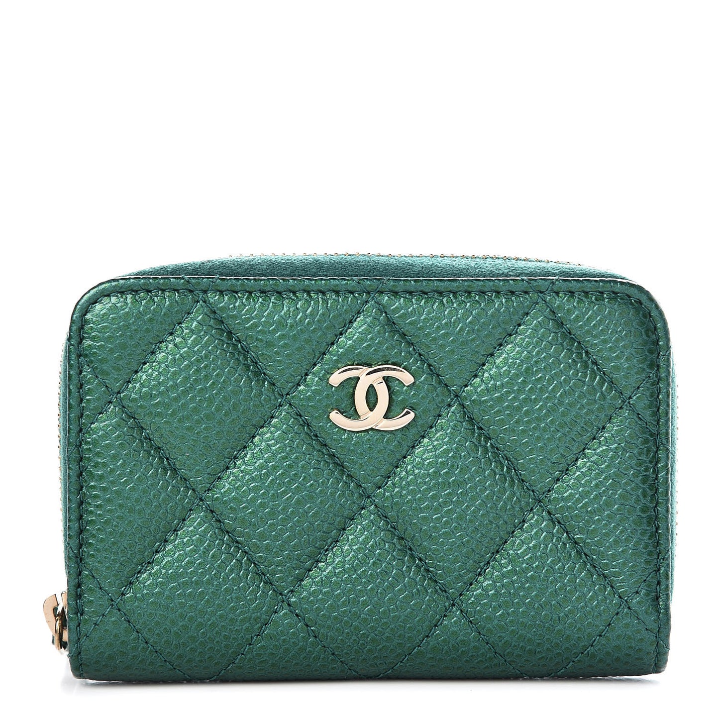 Metallic Caviar Quilted Zip Coin Purse Green
