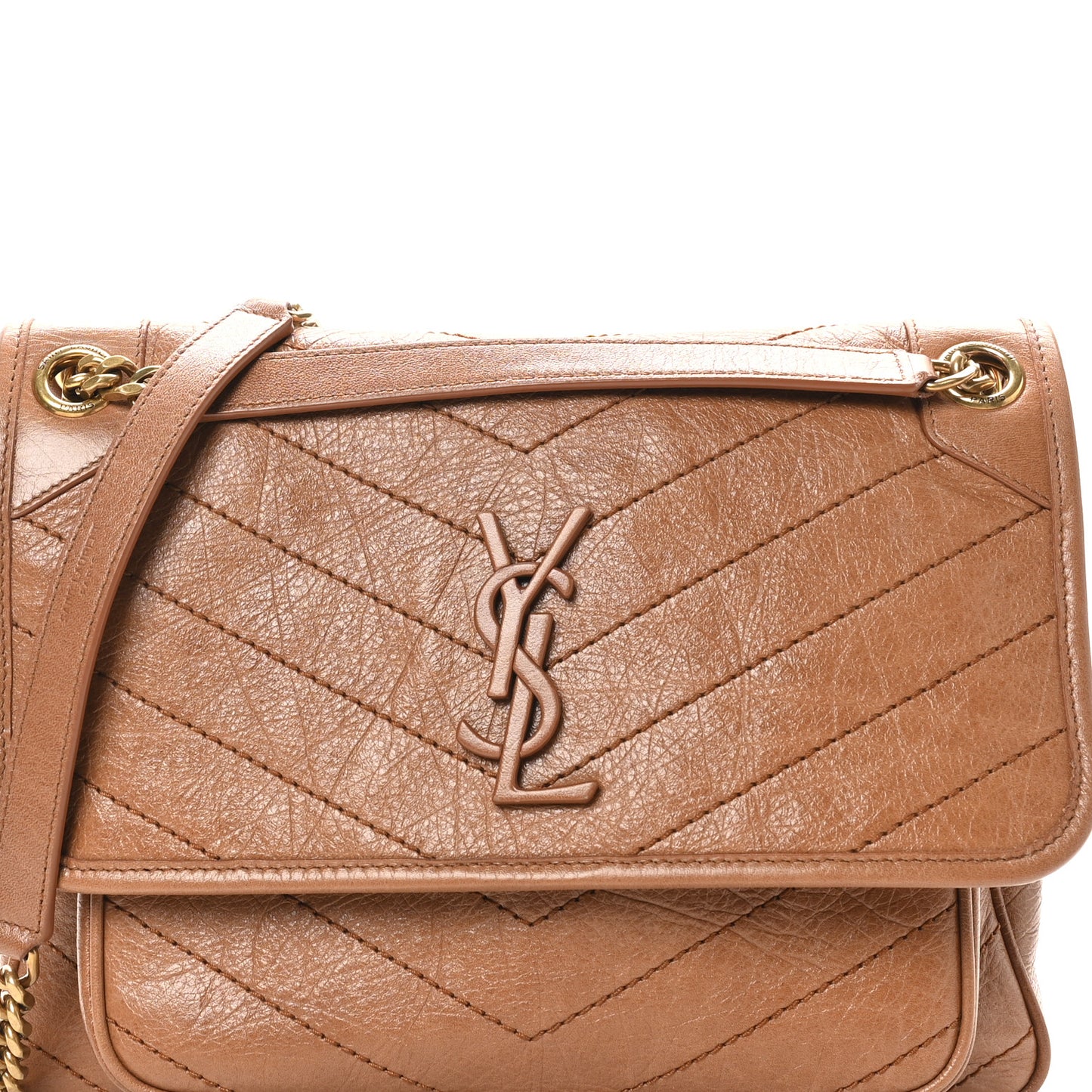 Crinkled Calfskin Matelasse Monogram Medium Niki Chain Satchel Caramel