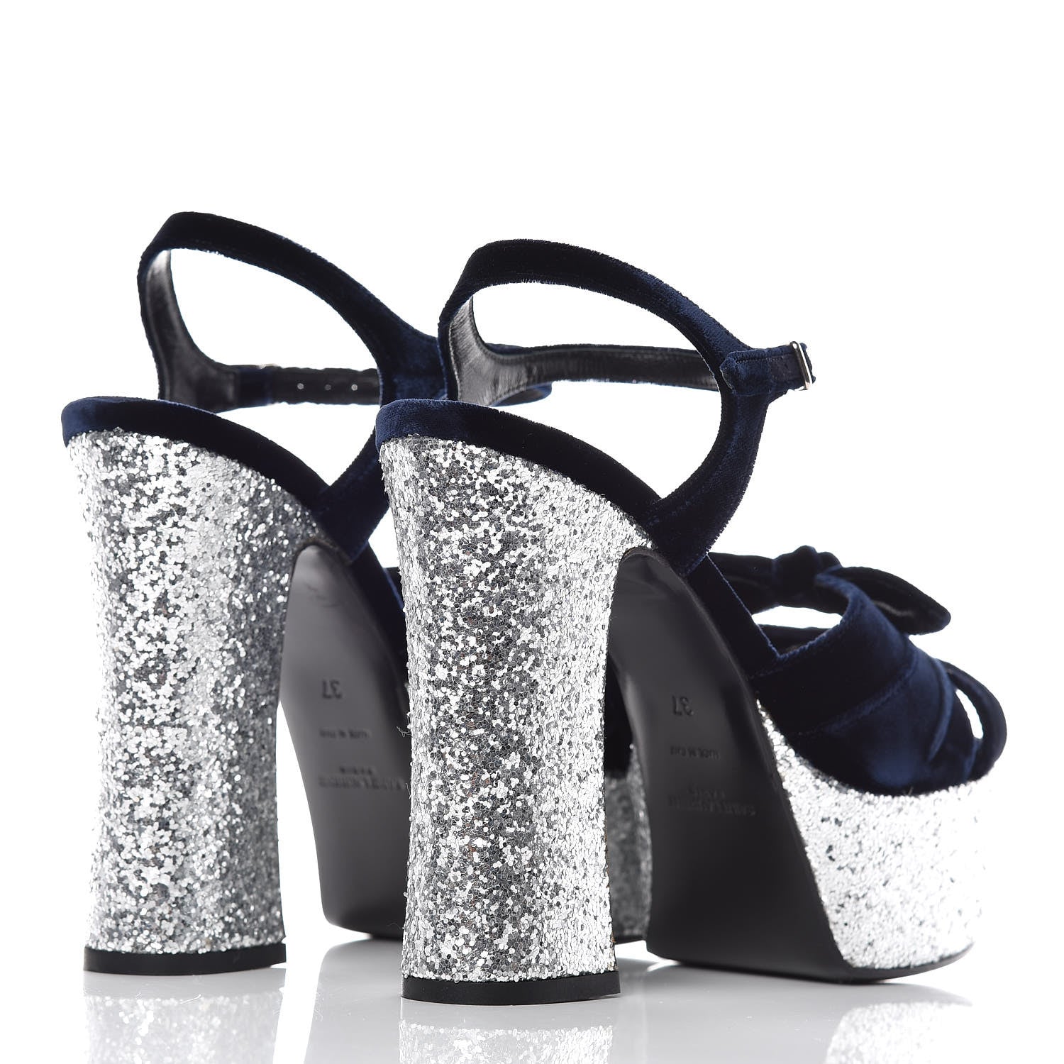 Saint Laurent Velvet Glitter Claire Candy Bow 80 Platform Sandal 37 Marine Argento 4 of 9