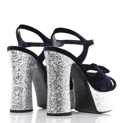 Saint Laurent Velvet Glitter Claire Candy Bow 80 Platform Sandal 37 Marine Argento 4 of 9