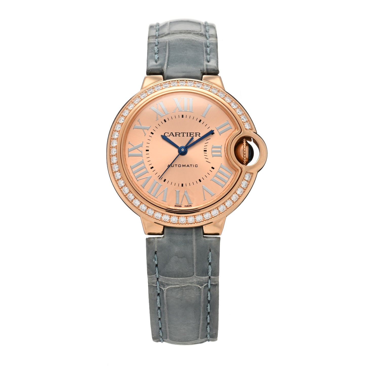 18K Pink Gold Alligator Diamond Bezel 33mm Ballon Bleu De Cartier Automatic Watch