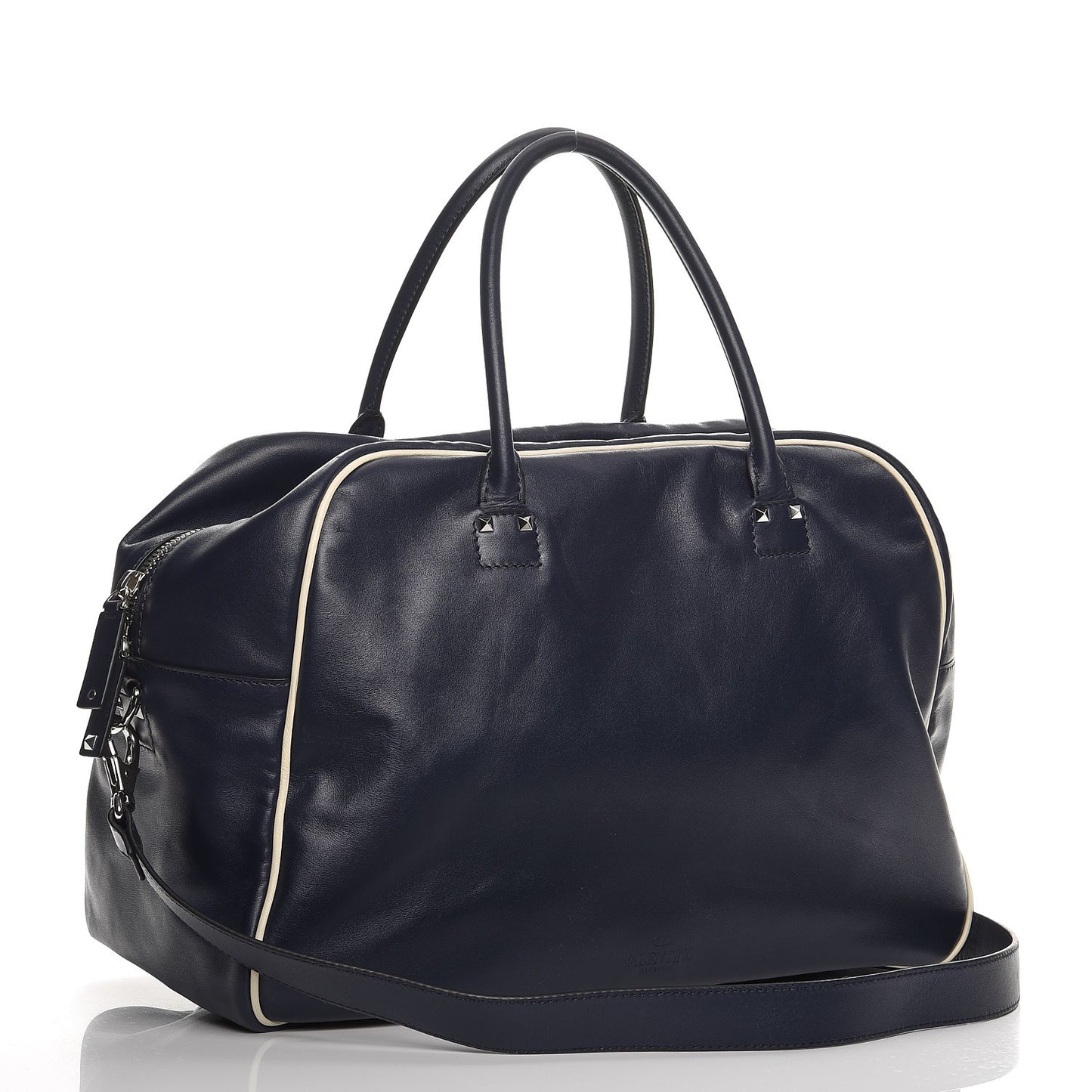 Mens Calfskin Rockstud Striped Holdall Duffle Navy
