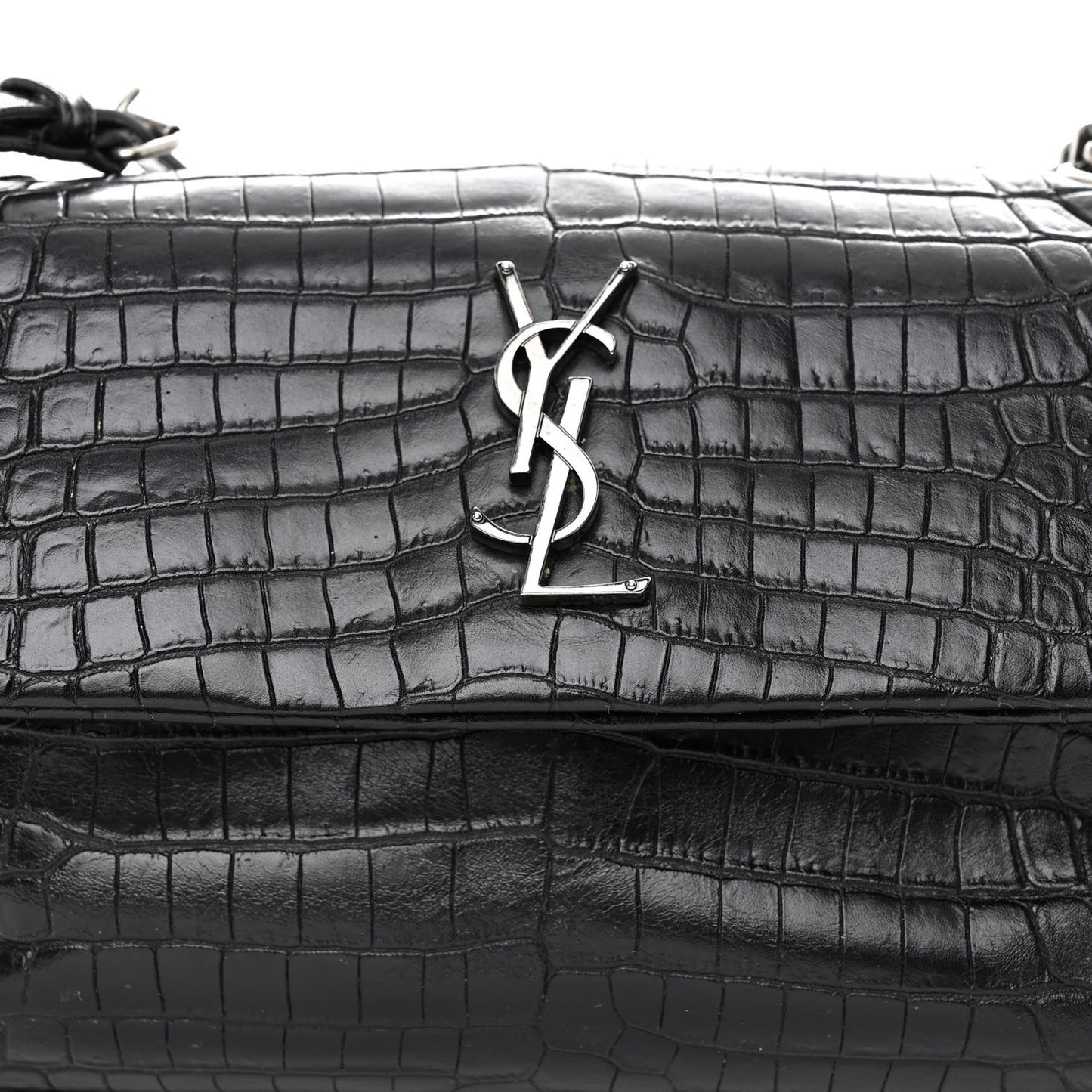Calfskin Crocodile Embossed Medium West Hollywood Monogram Fold-Over Black