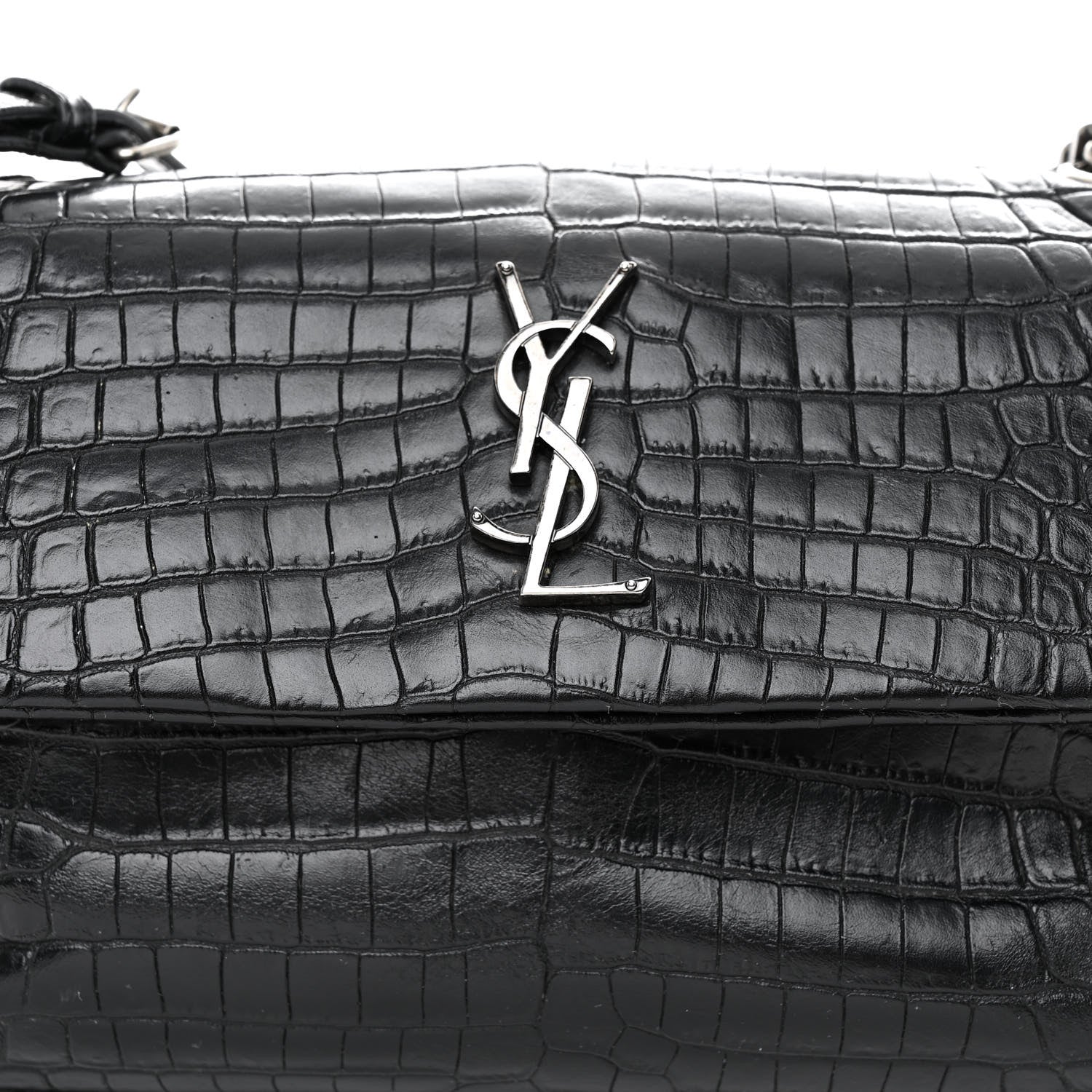 Saint Laurent Calfskin Crocodile Embossed Medium West Hollywood Monogram Fold-Over Black 8 of 10