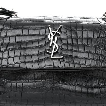 Saint Laurent Calfskin Crocodile Embossed Medium West Hollywood Monogram Fold-Over Black 8 of 10