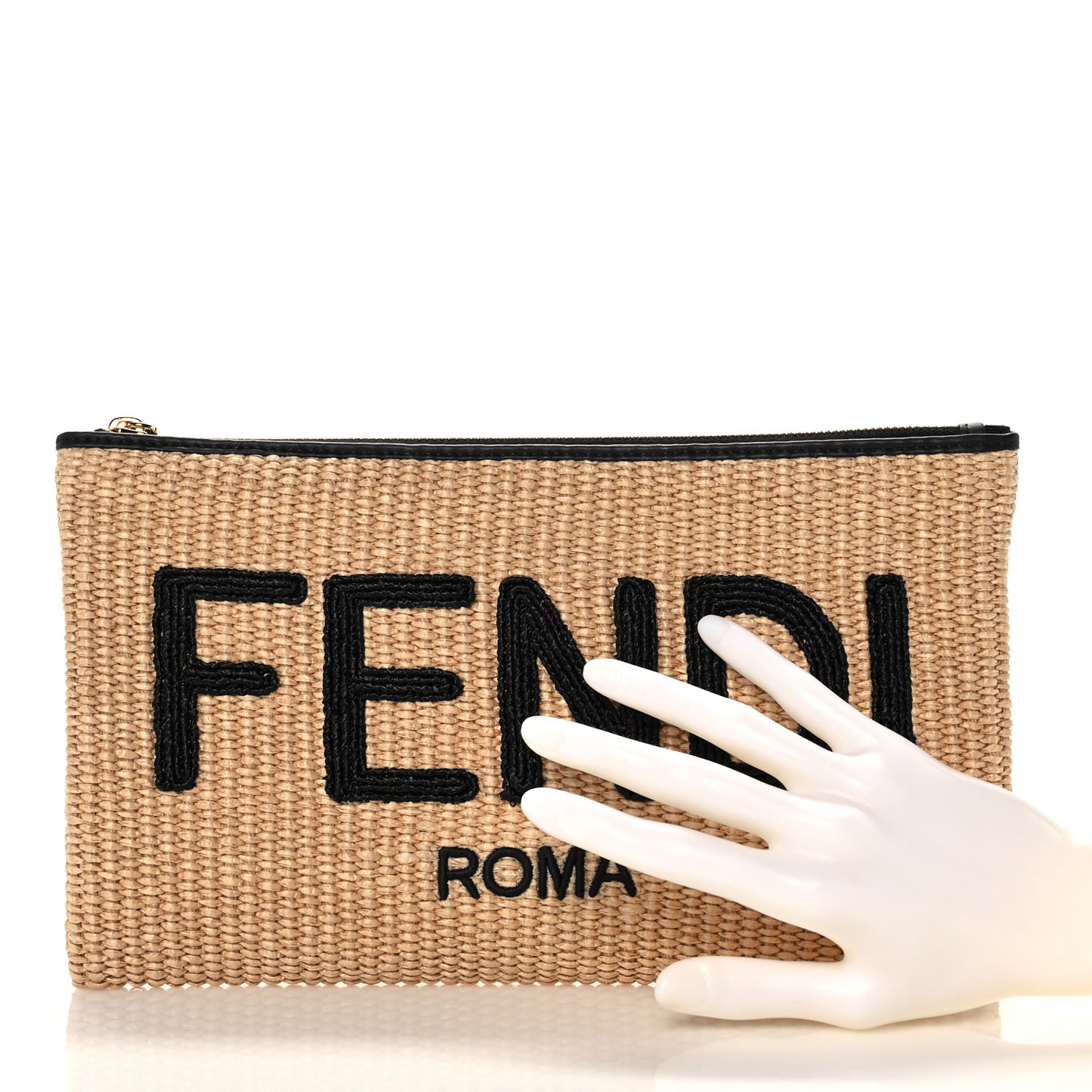 Straw Vitello King Logo Woven Large Flat Pouch Paglia Black