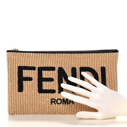 Fendi Straw Vitello King Logo Woven Large Flat Pouch Paglia Black 2 of 9