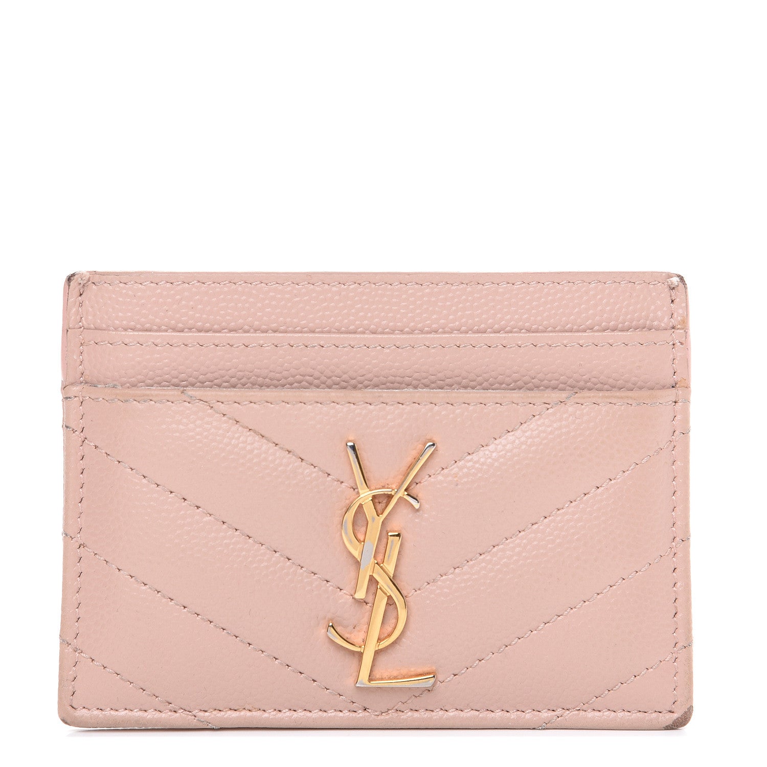Saint Laurent Grain De Poudre Matelasse Chevron Monogram Credit Card Case Pale Pink 1 of 12