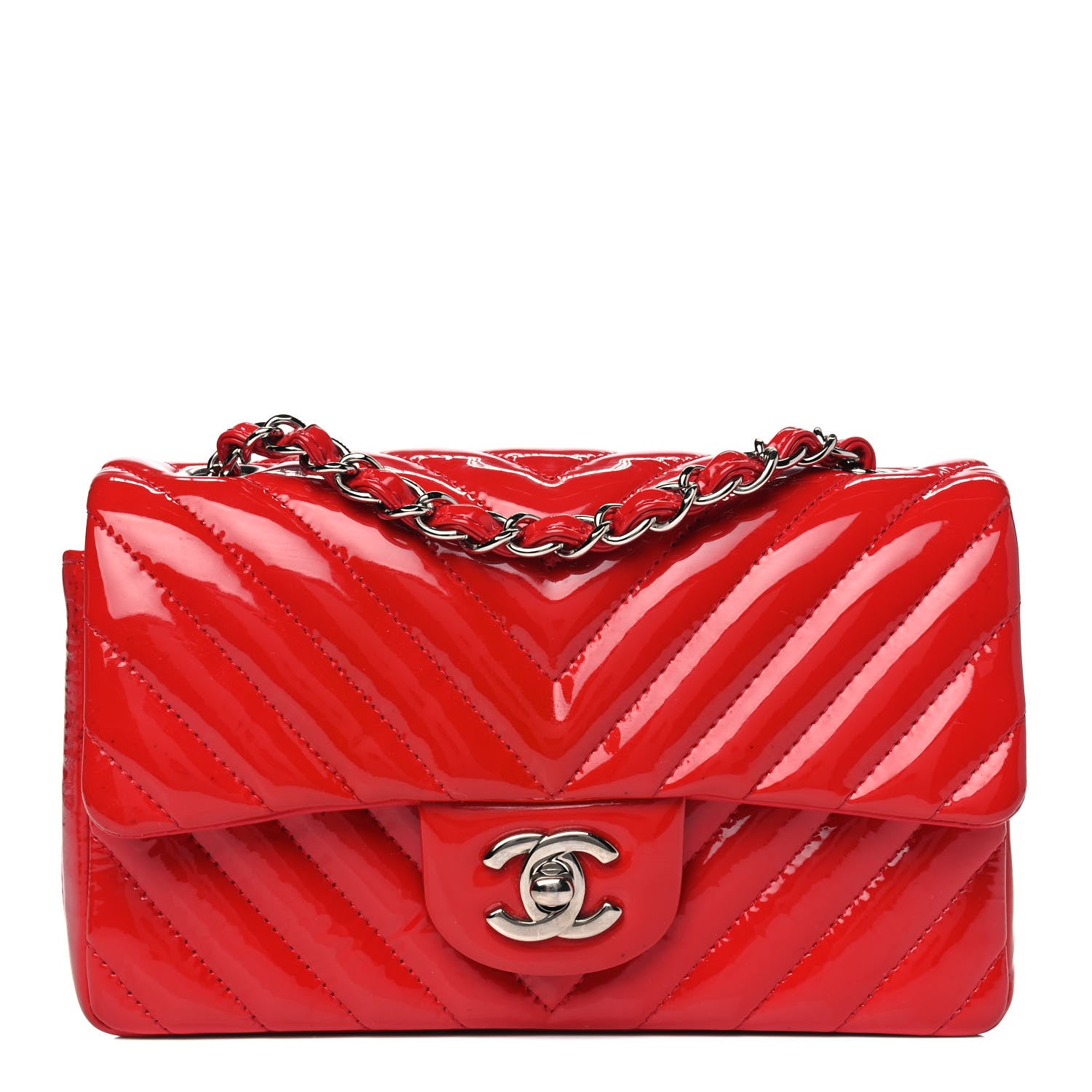 Chanel Patent Calfskin Chevron Quilted Mini Rectangular Flap Red 1 of 4