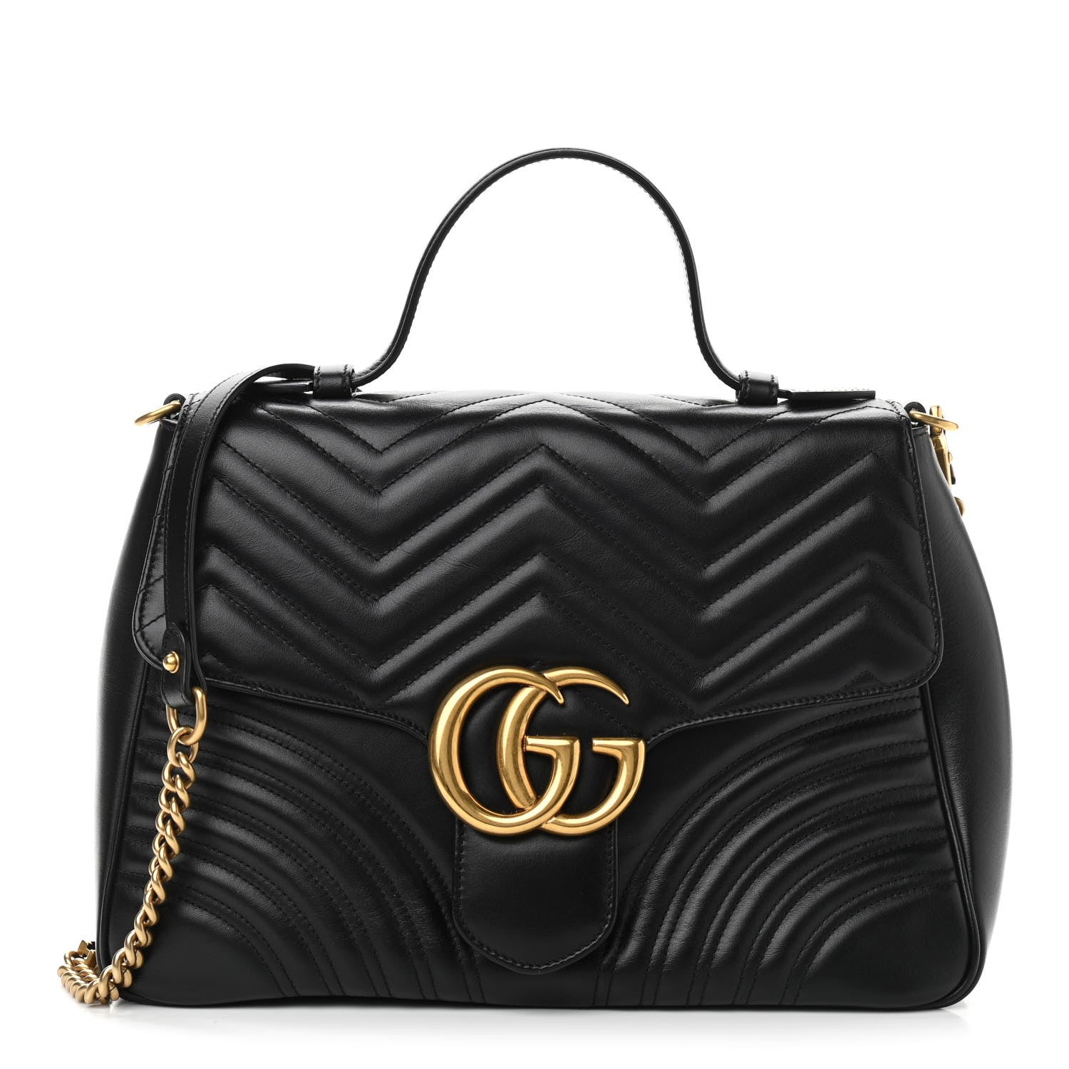 Gucci Calfskin Matelasse Medium GG Marmont Top Handle Shoulder Bag Black 1 of 10
