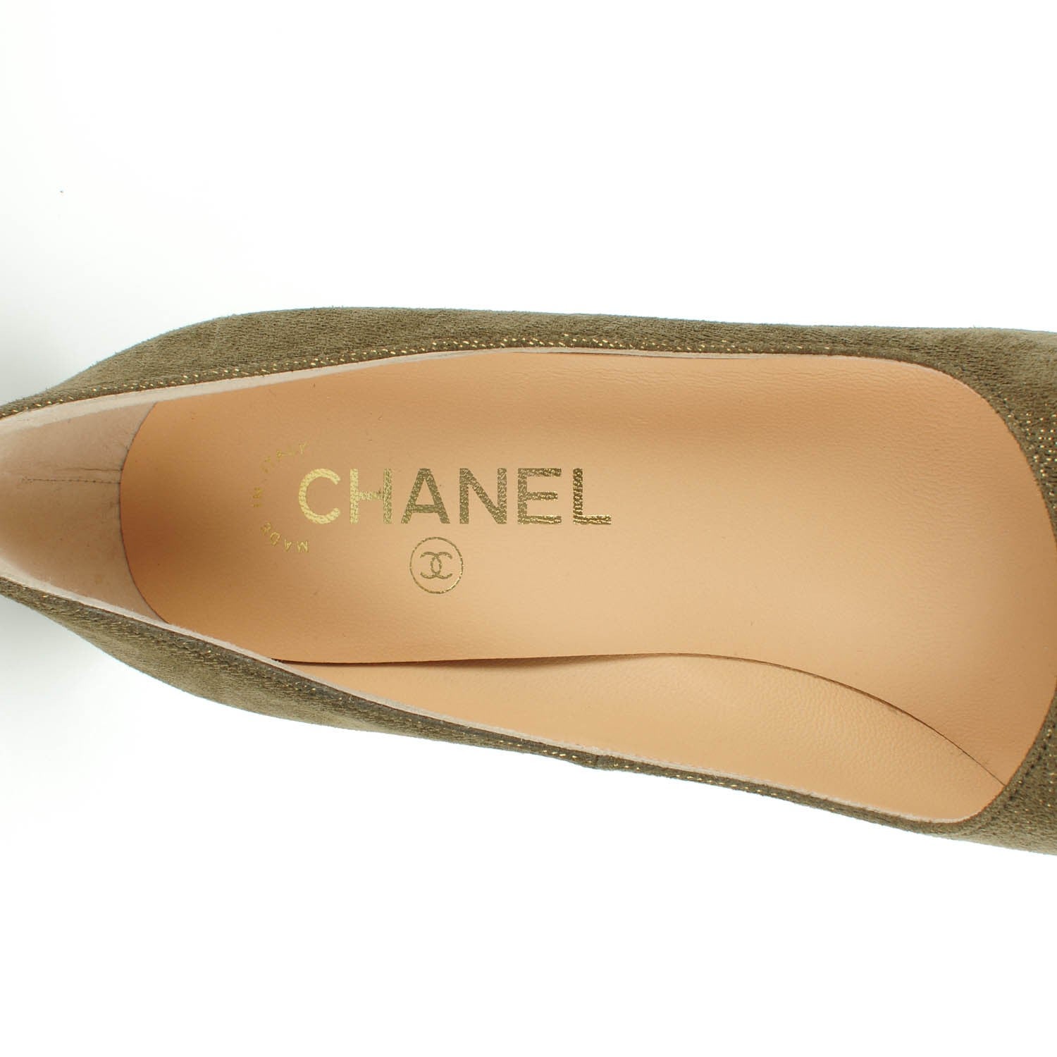 Chanel Metallic Fabric CC Cap Toe Pumps 38.5 Khaki Black 7 of 8