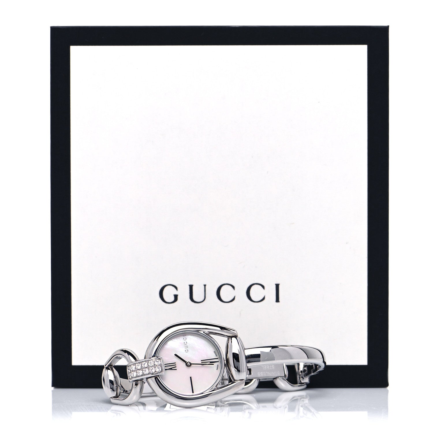 Gucci Stainless Steel Diamond Pave Mother of Pearl 28mm Horsebit Quartz Watch 5 of 5
