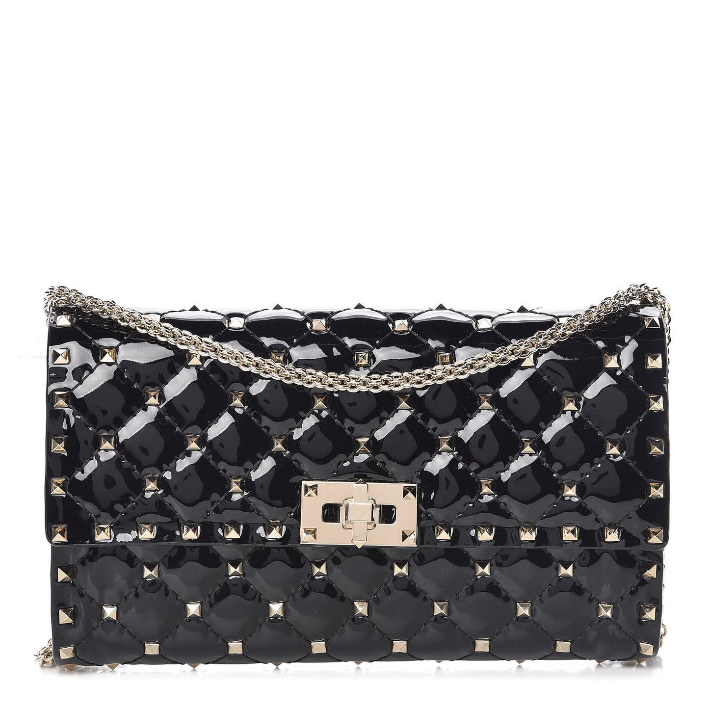 Patent Rockstud Spike Wallet on Chain Black