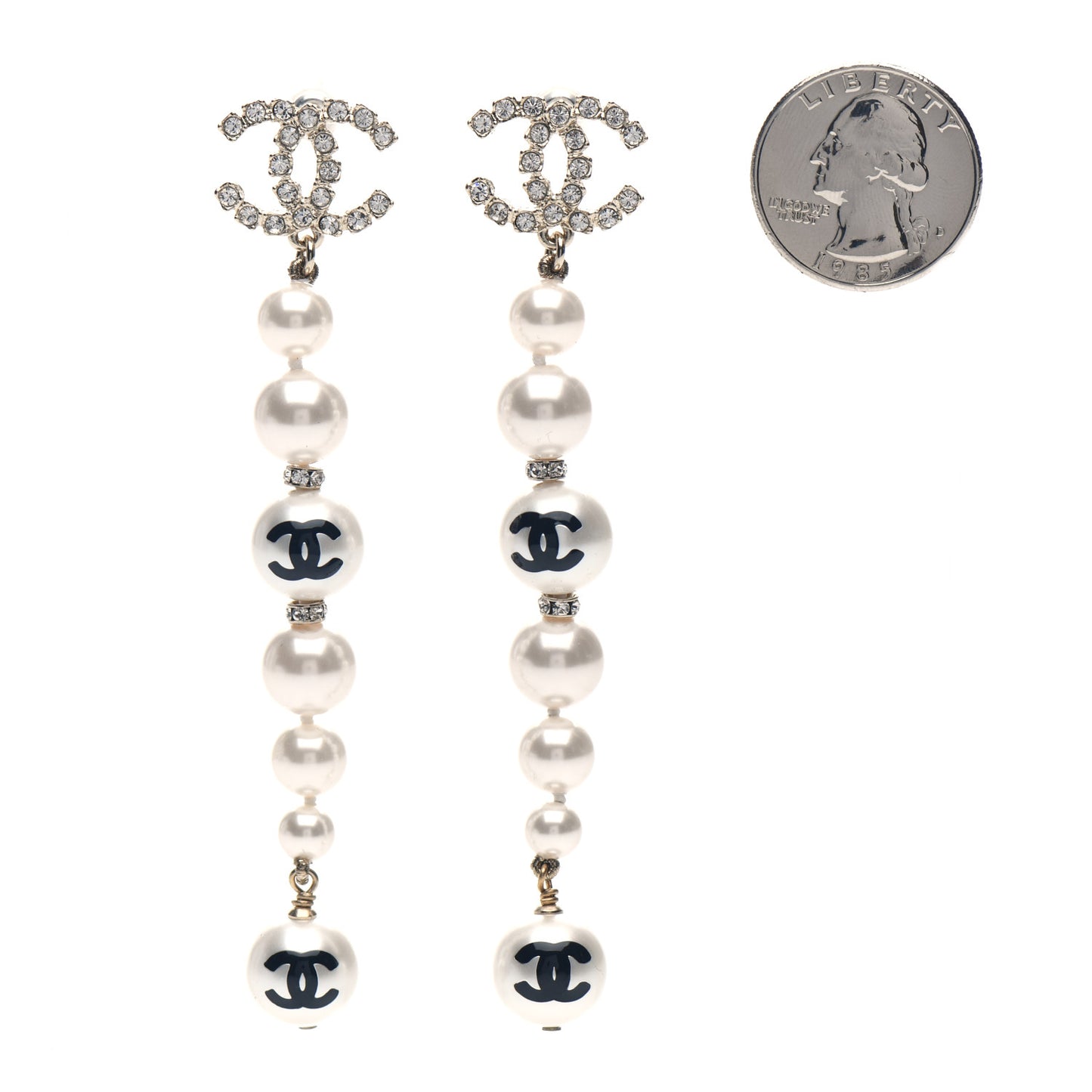 Pearl Crystal Coco's Pearls CC Long Drop Earrings Pearly White Gold Black