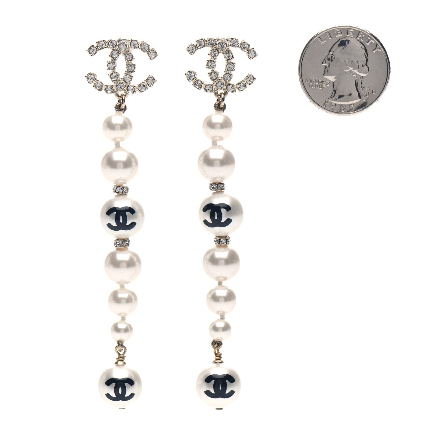 Chanel Pearl Crystal Coco's Pearls CC Long Drop Earrings Pearly White Gold Black 2 of 4
