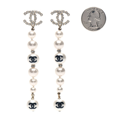 Chanel Pearl Crystal Coco's Pearls CC Long Drop Earrings Pearly White Gold Black 2 of 4