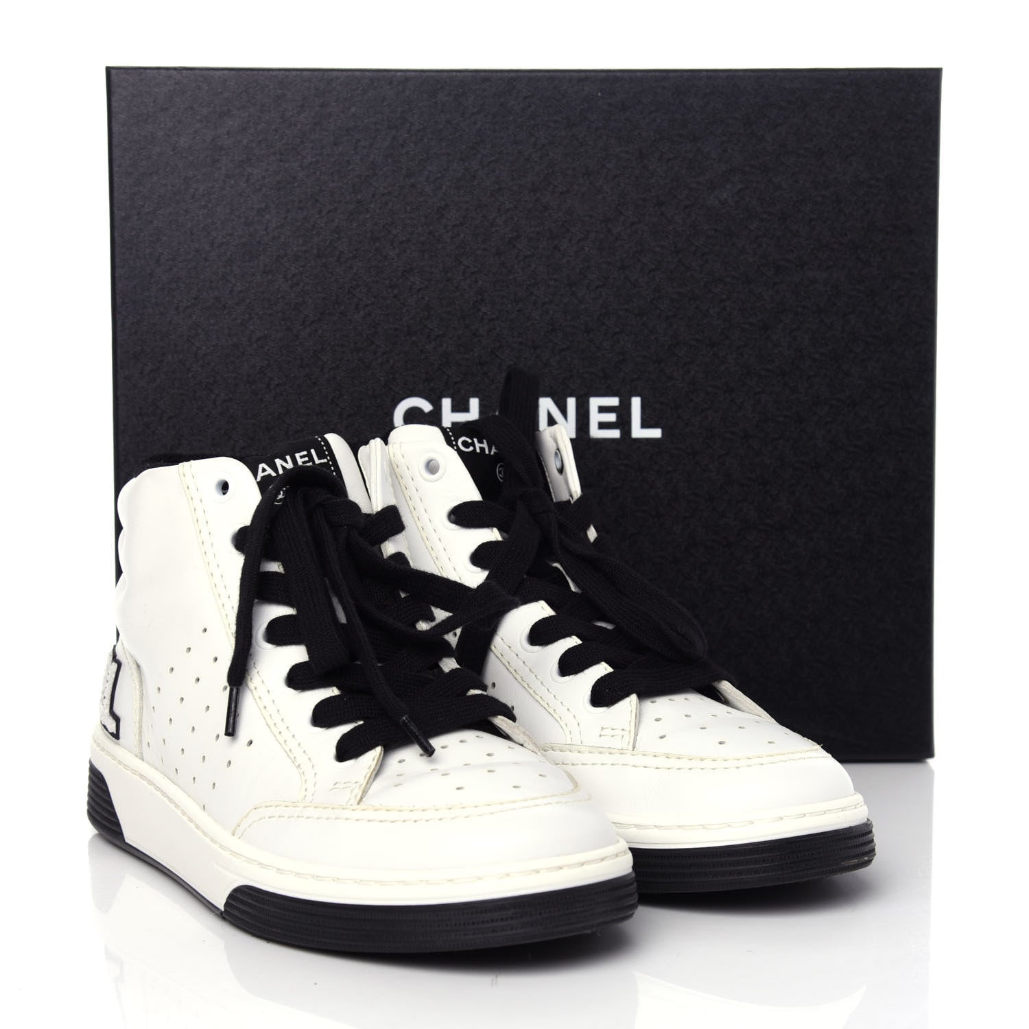 Chanel Calfskin Womens Logo High Sneakers 37 White Black 11 of 11