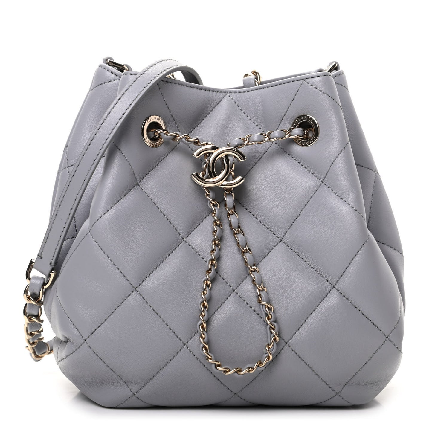 Lambskin Quilted CC Dweller Drawstring Bucket Bag Light Grey