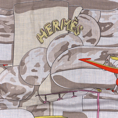 Hermes Cashmere Silk Locomotion Shawl 140 Saumon Gris Chine 2 of 3