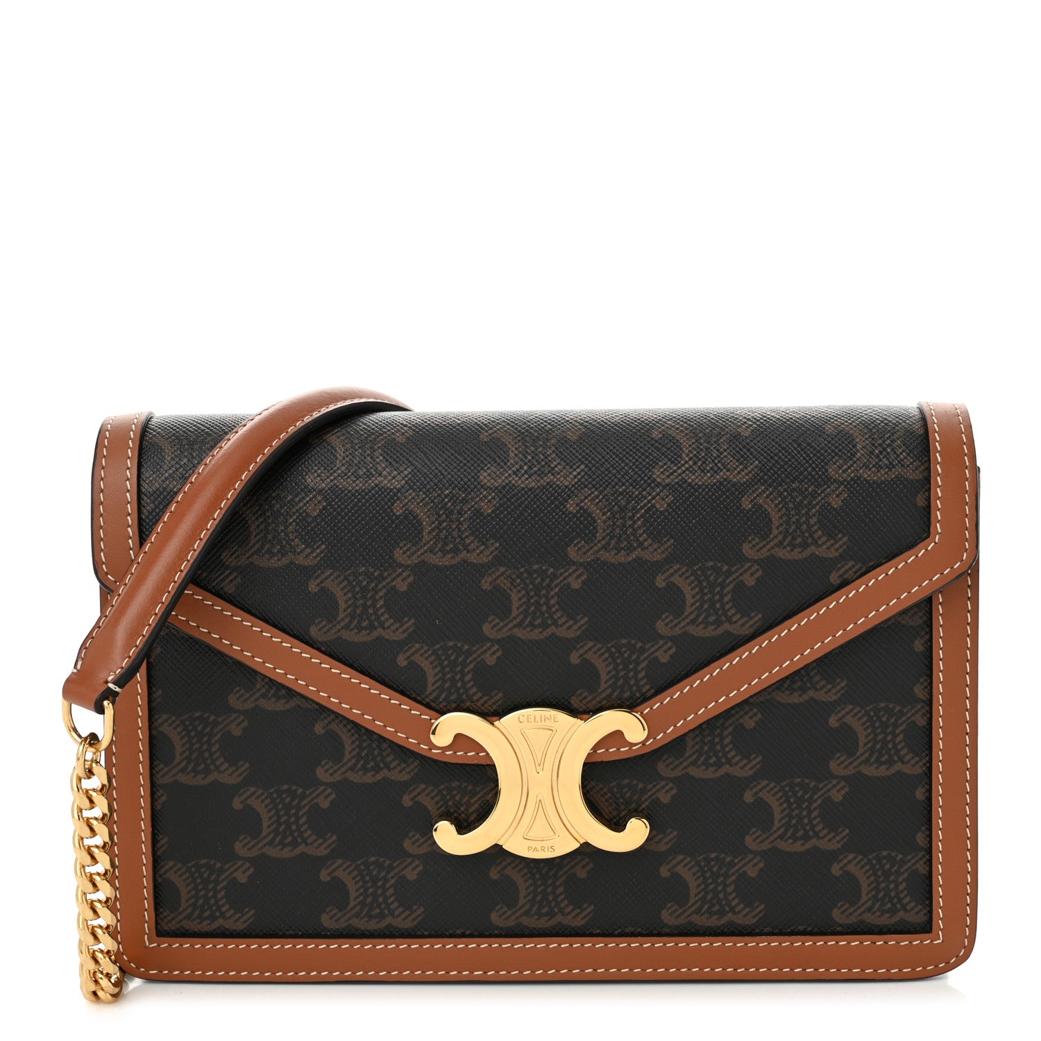 Celine Triomphe Canvas Calfskin Margo Wallet on Chain Tan 1 of 10