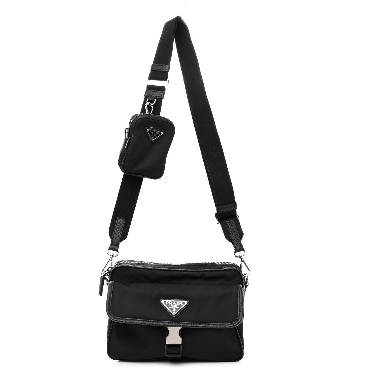 Prada Re-Nylon Saffiano Pocket Single Snap Buckle Shoulder Bag Black 1 of 12