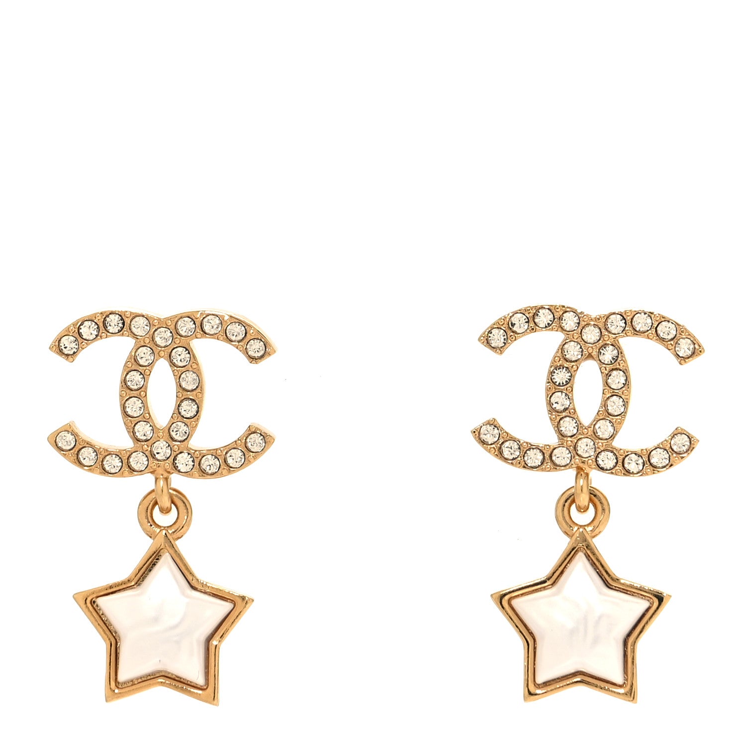 Chanel Metal Crystal Pearl CC Star Earrings Gold Pearly White 1 of 4