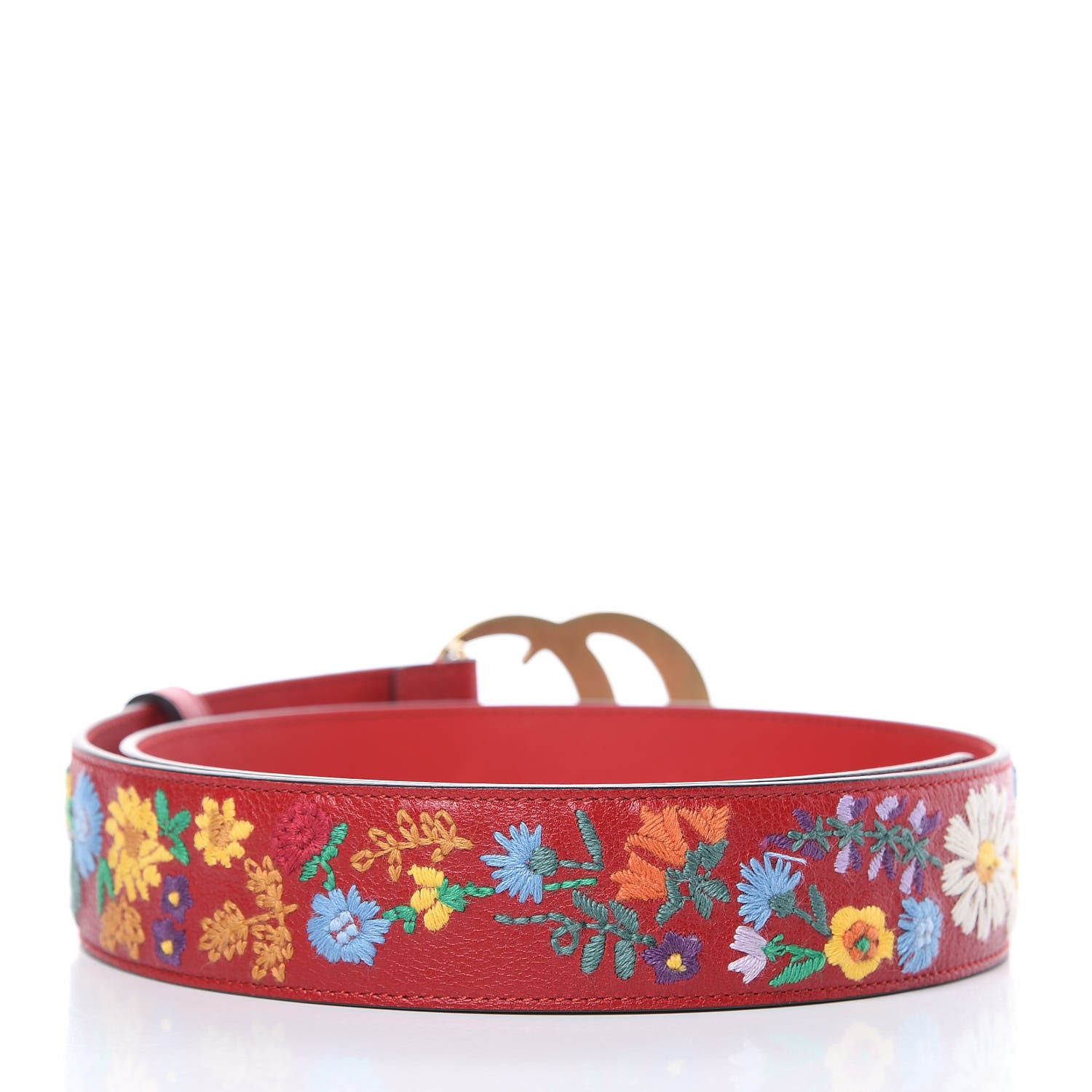 Gucci Textured Calfskin Flower Embroidered Double G 40mm Belt 85 34 Hibiscus Red 3 of 7