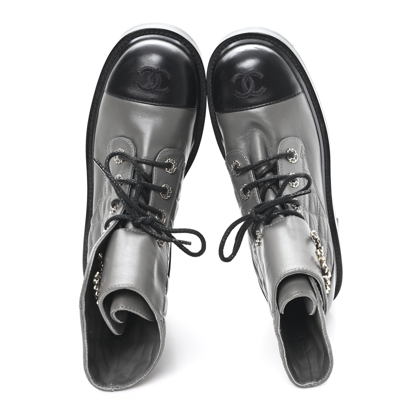 Shiny Lambskin Quilted Lace Up Combat Boots 39 Grey Black