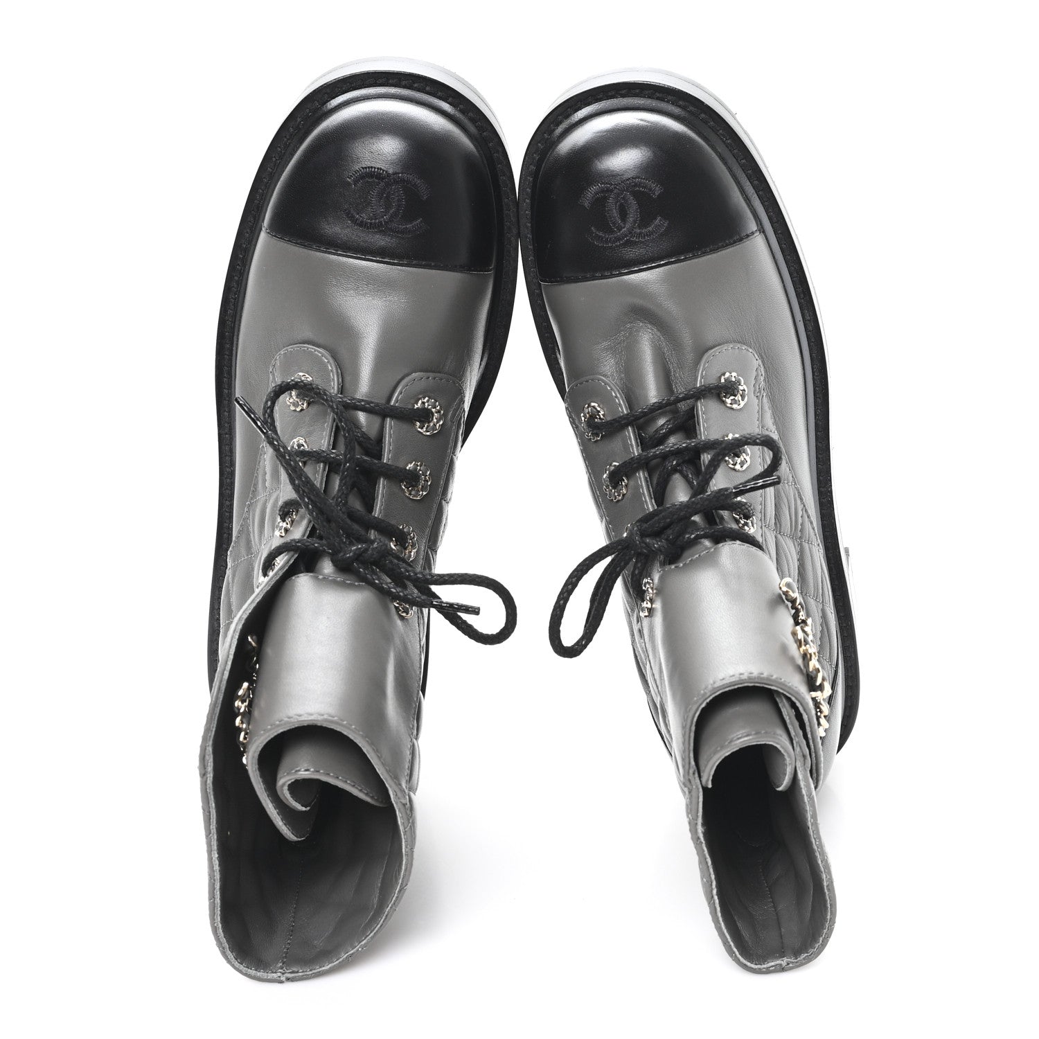 Chanel Shiny Lambskin Quilted Lace Up Combat Boots 39 Grey Black 2 of 9