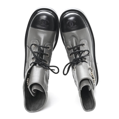 Chanel Shiny Lambskin Quilted Lace Up Combat Boots 39 Grey Black 2 of 9
