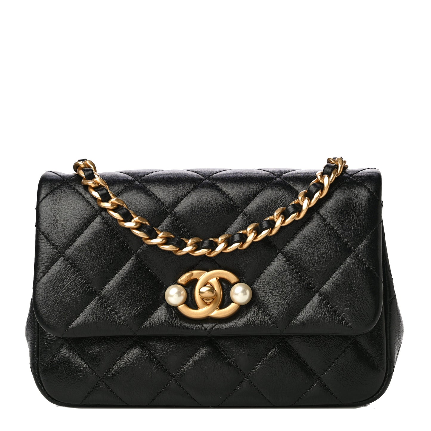 Calfskin Quilted Mini Pearl Flap Bag Black