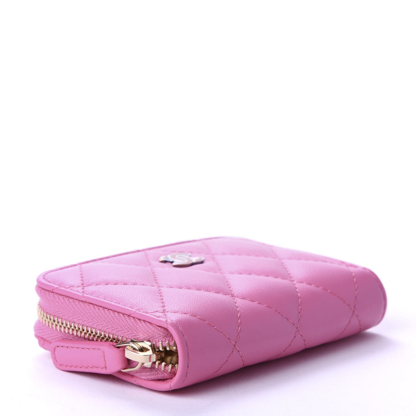 Lambskin Quilted Zip Around Coin Purse Wallet Pink Yellow