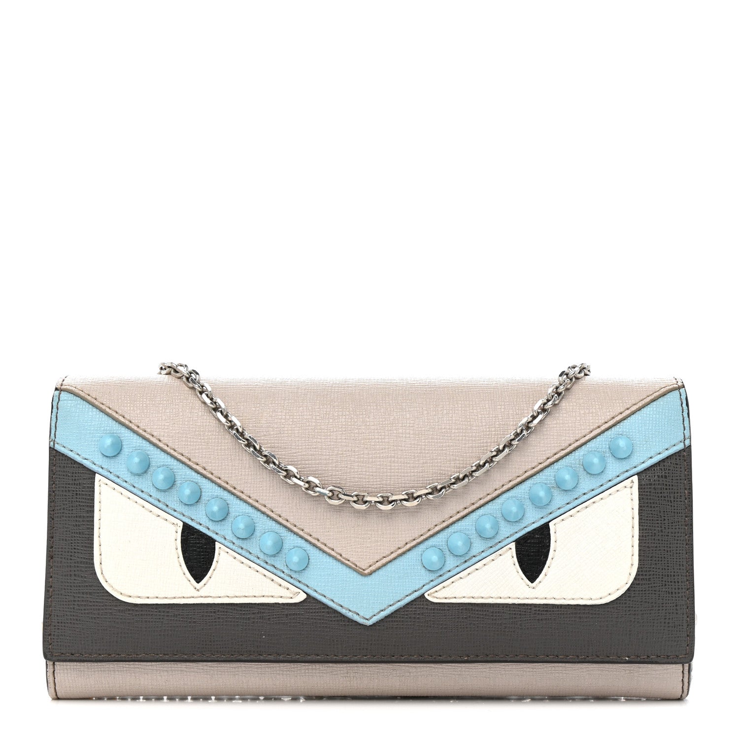 Fendi Vitello Elite Monster Eyes Studded Continental Wallet On Chain Carbone White Multicolor 1 of 13