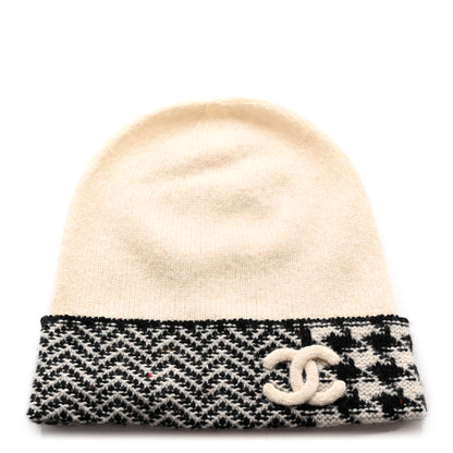 Chanel Cashmere Houndstooth CC Beanie Hat White Black 1 of 6