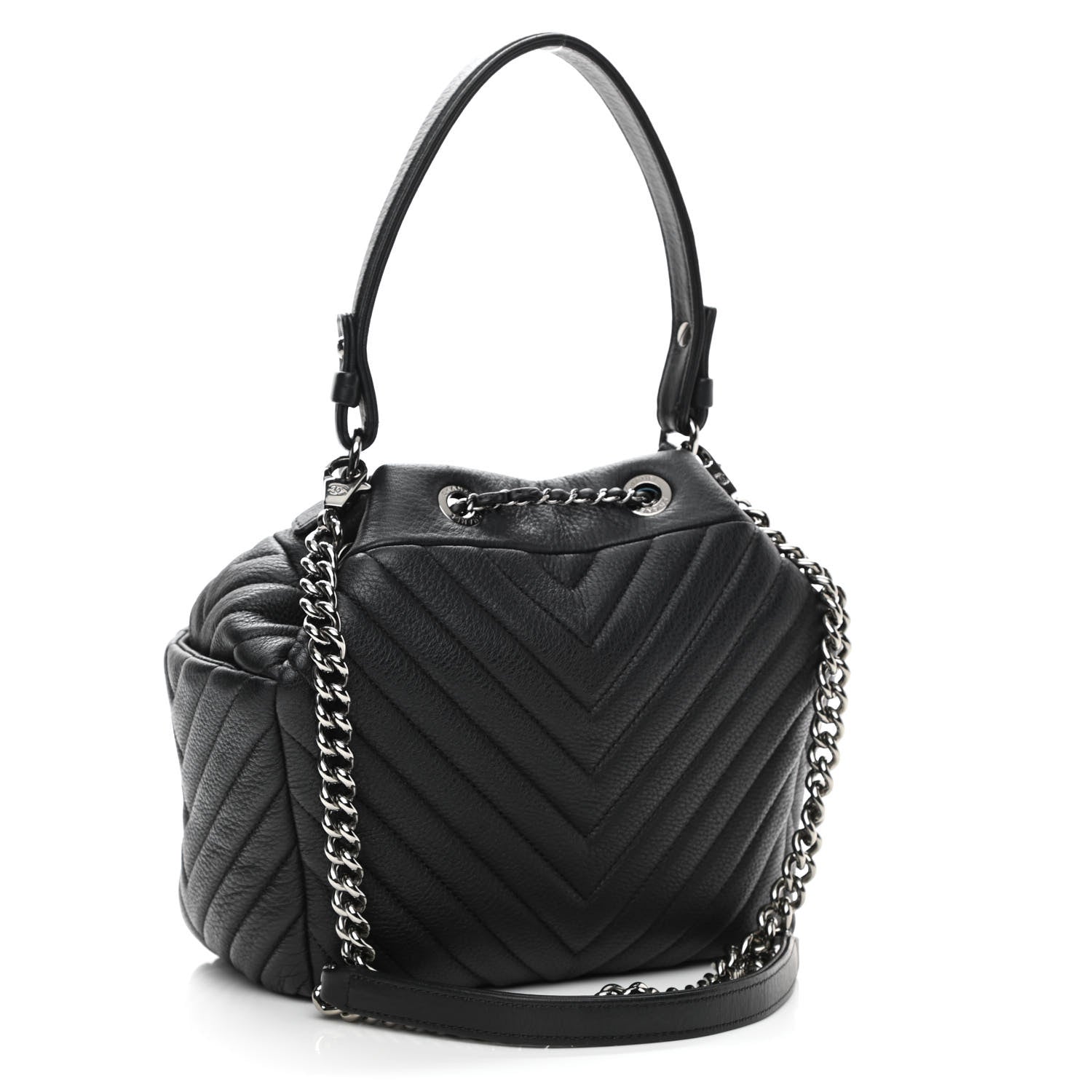 Chanel Deerskin Chevron Small CC Chain Bucket Drawstring Bag Black 3 of 10