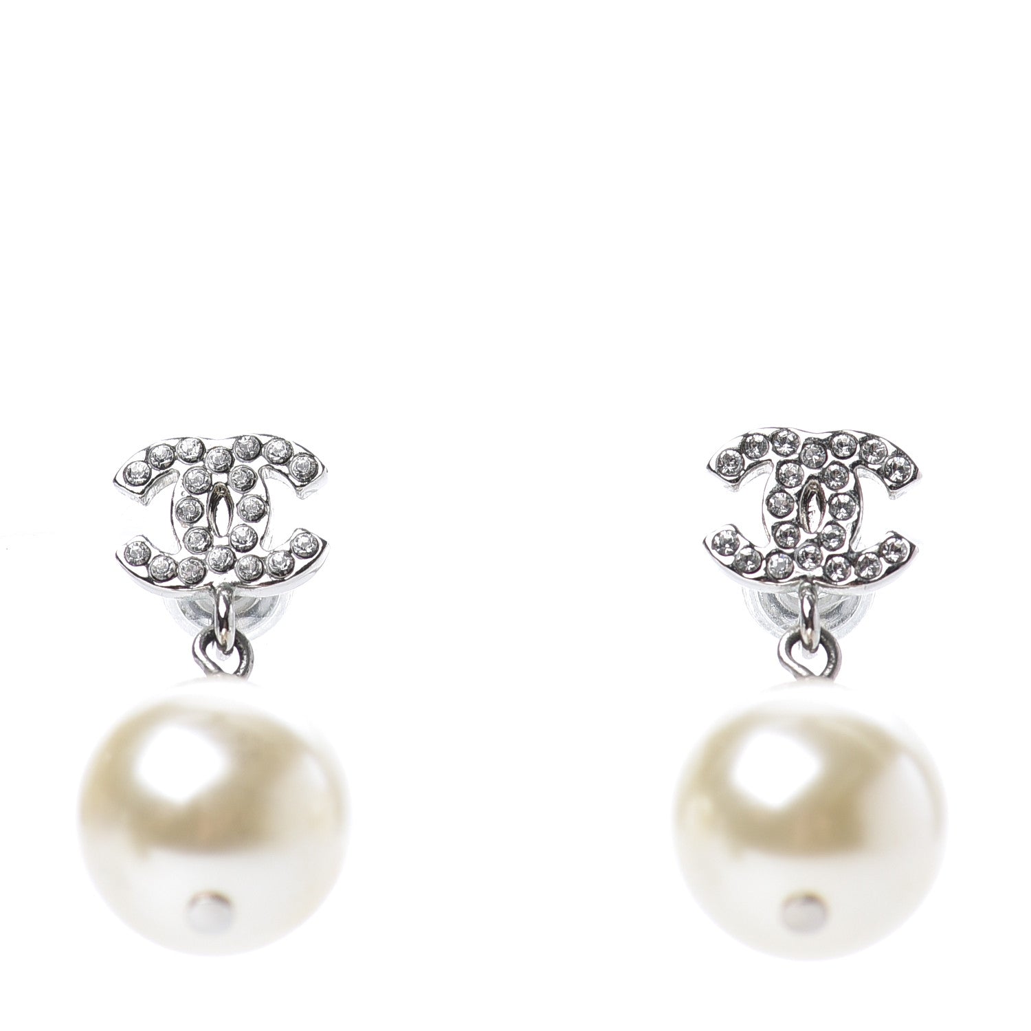 Chanel Crystal Pearl CC Drop Earrings Silver 1 of 4