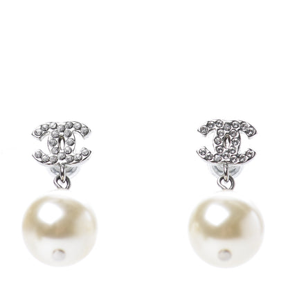 Chanel Crystal Pearl CC Drop Earrings Silver 1 of 4
