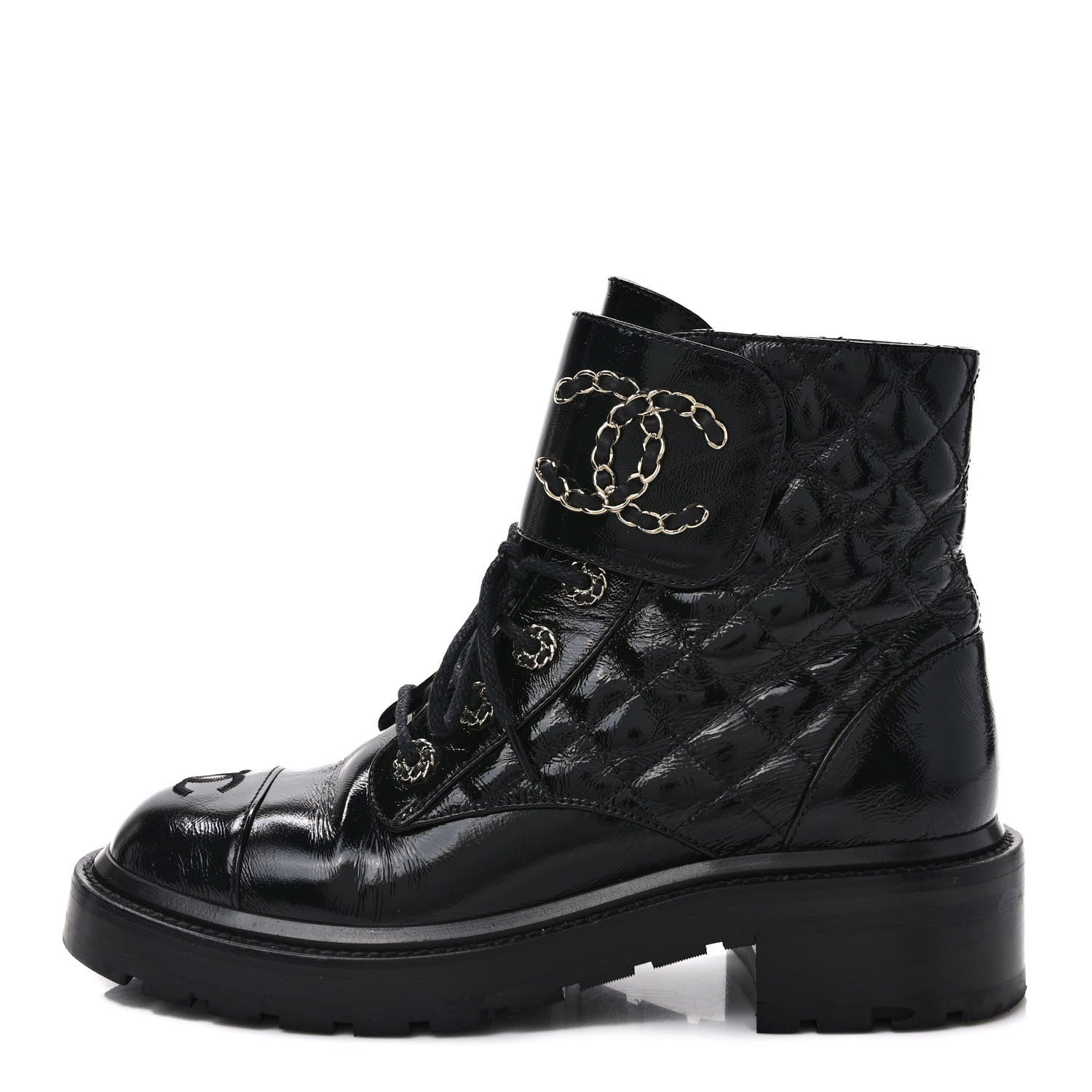 Chanel Shiny Calfskin Quilted Lace Up Combat Boots 38.5 Black 1 of 8